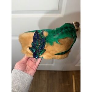 Vintage Fur Feather Beaded Pillbox Hat Emerald Green Tan Glamorous Statement